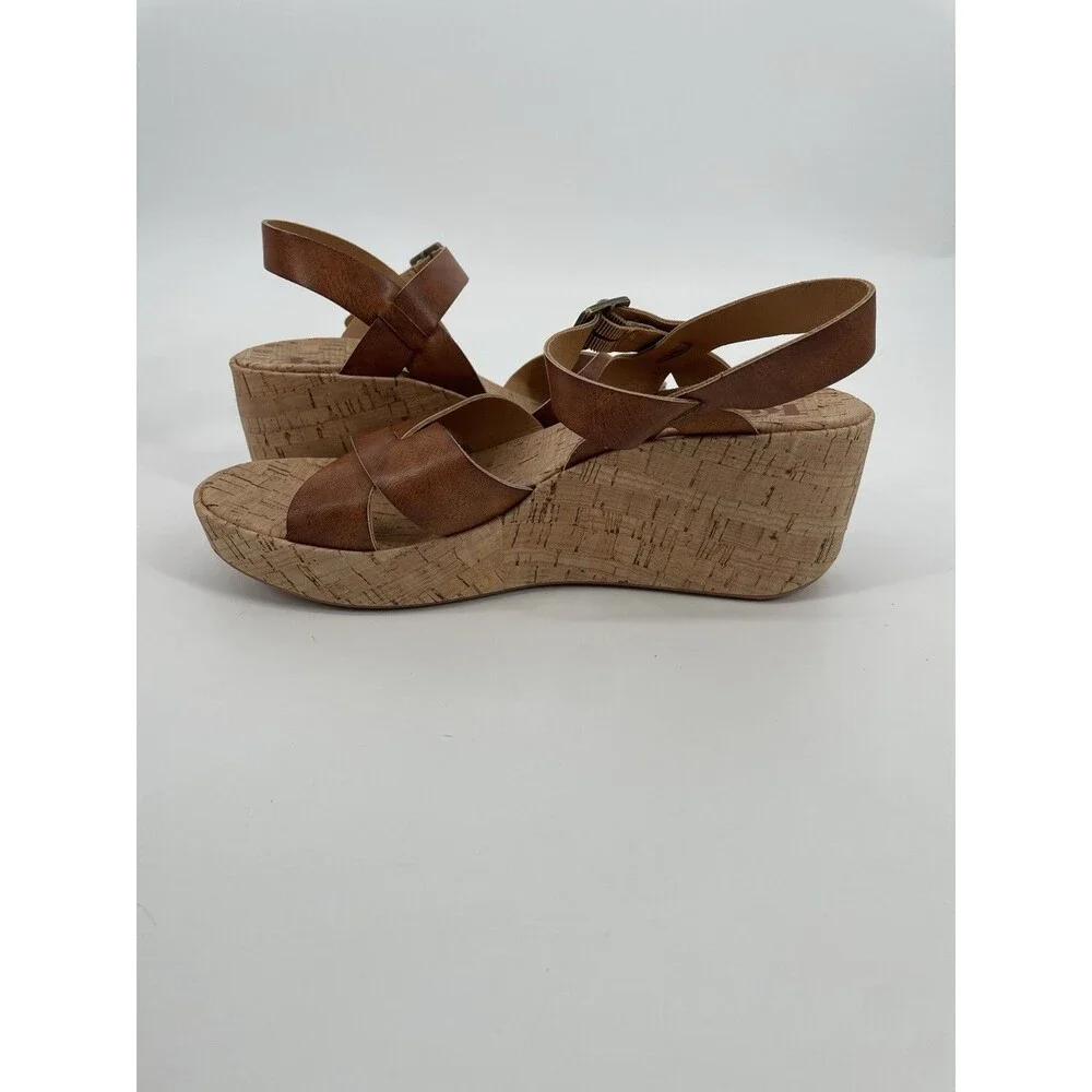 Korks Denica Crisscross Tan Faux Leather Cork Platform Wedge Boho Sandals 9M